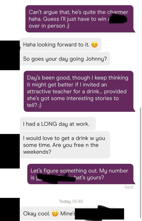 Screenshot: Johnny invites her for a drink, she says yes and asks if he's free on the weekend, and they swap numbers