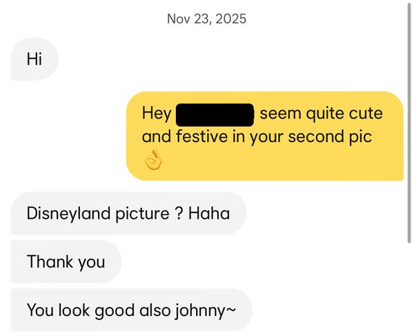 Screenshot: she opens with Hi, Johnny replies with a specific compliment, and she sends three messages back